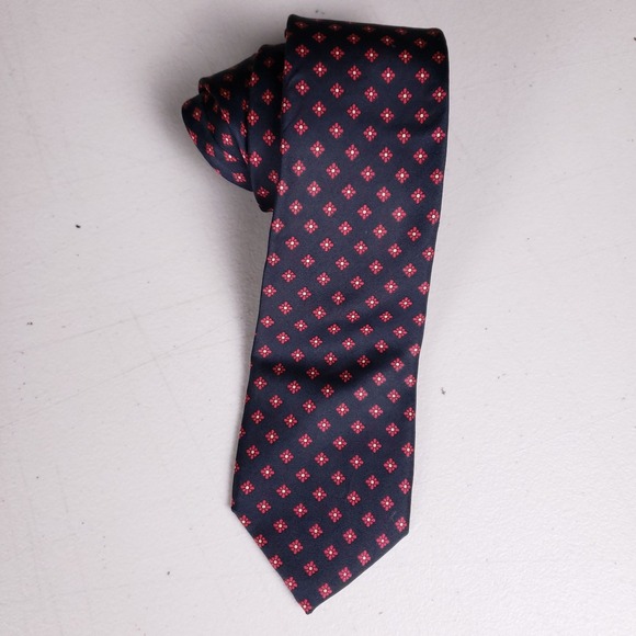 Hathaway Silk Necktie Navy Red Floral Geometric Pattern Men's Tie - Picture 1 of 7